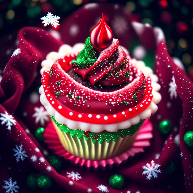 Christmas-themed cupcake with red and green frosting and candy cane design on red fabric