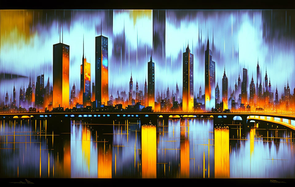 Cityscape with skyscrapers at sunset reflected over water with colorful rain streaks.