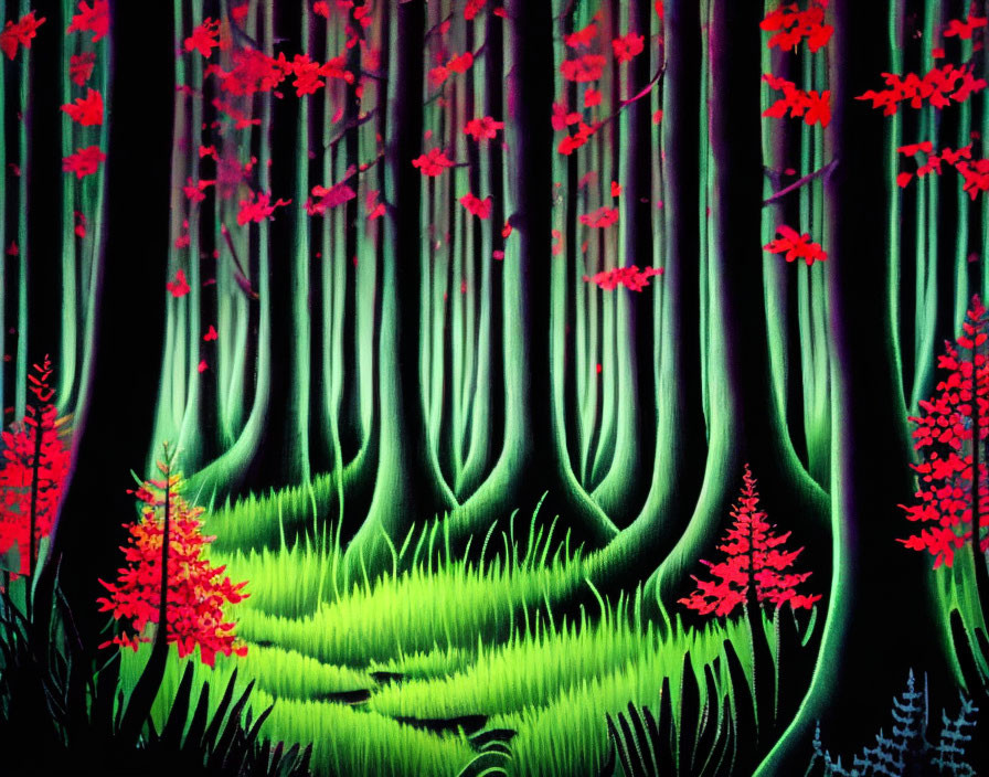 Colorful forest painting with neon green tree trunks and red foliage