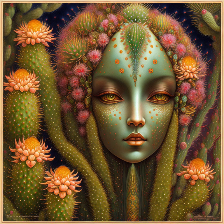 Surreal portrait: Woman's face merges with cactus textures and blooming flowers