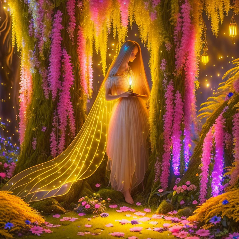 Woman in flowing dress in enchanted forest with purple flowers and glowing lanterns