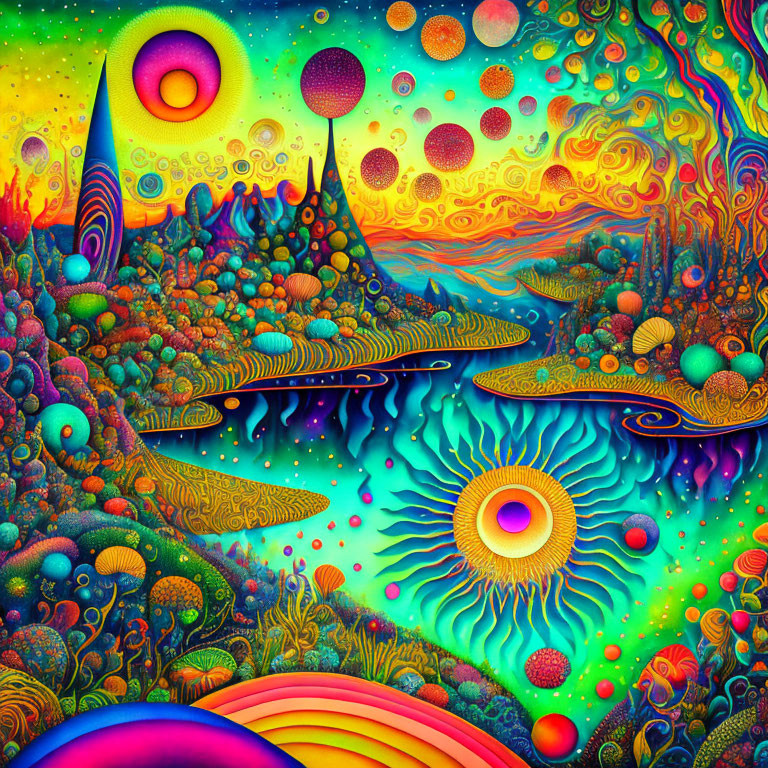 Colorful Psychedelic Landscape with Surreal Hills and Floating Orbs