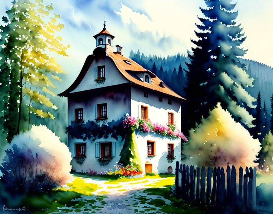 Tranquil Watercolor Painting of Two-Story House in Nature