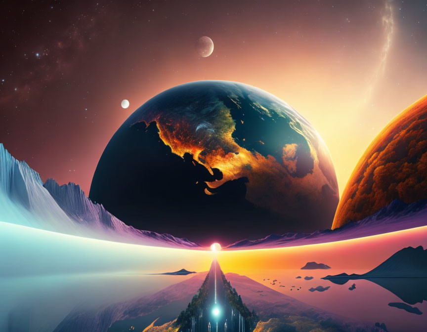 Detailed surreal landscape with large planet, moon, setting sun, and icy mountains