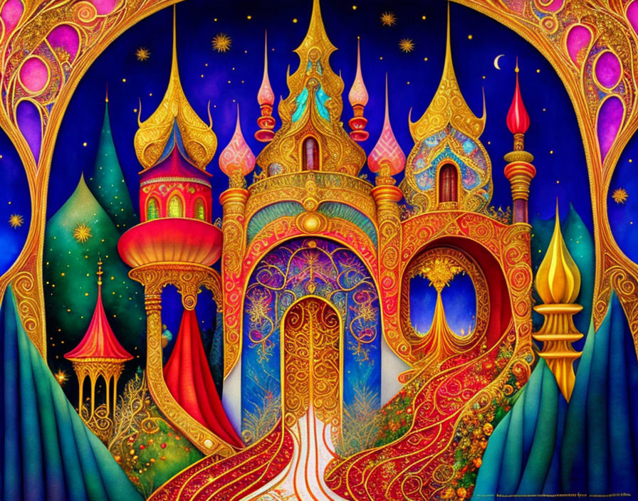 Fantasy castle illustration under starry night sky