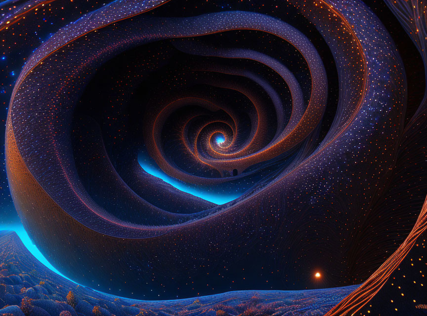 Abstract digital art: swirling blue and orange vortex with star-like speckles on dark cosmic backdrop