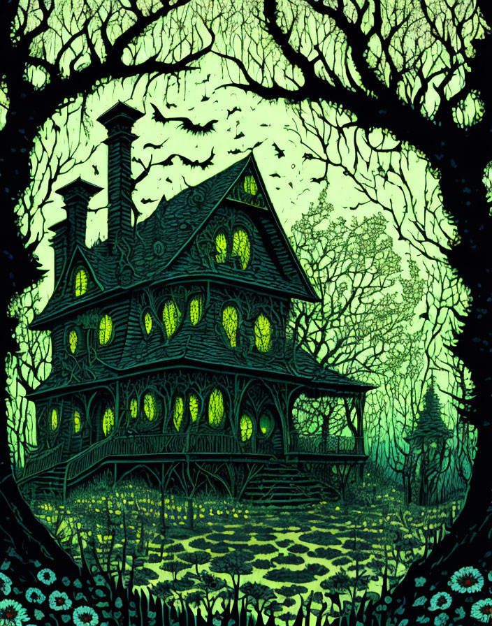 Eerie Gothic-style house with twisted trees and bats in dark setting