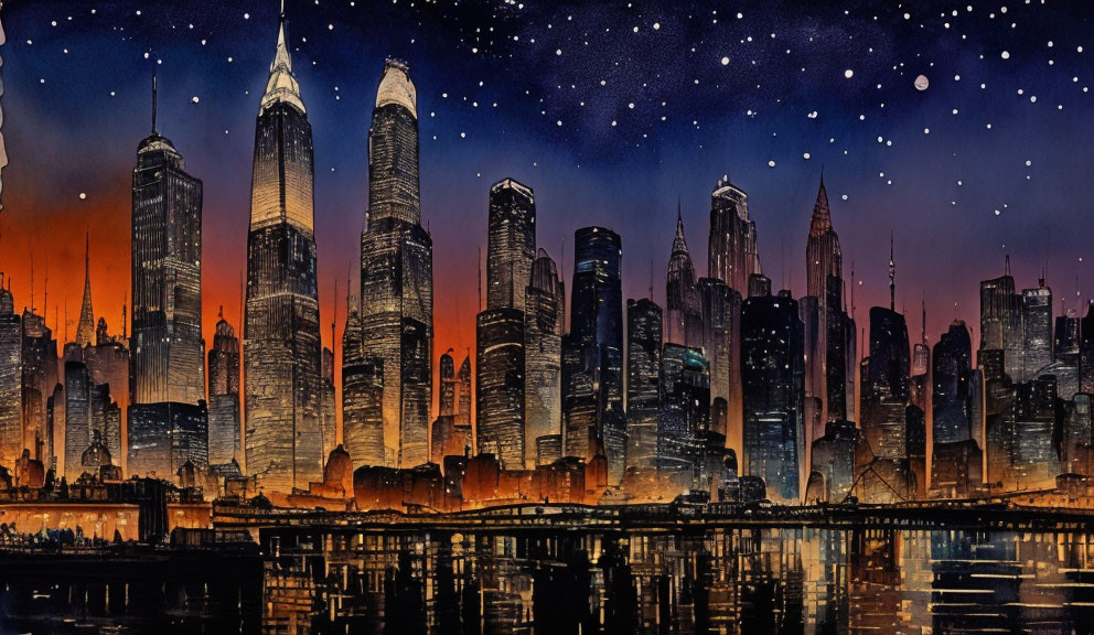 City skyline at dusk: Silhouetted skyscrapers, starry sky, water reflections