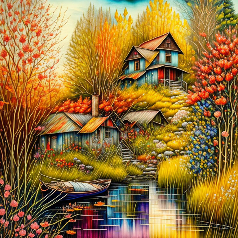 Colorful Autumn Landscape with Cottage, Lake, Trees, and Canoe