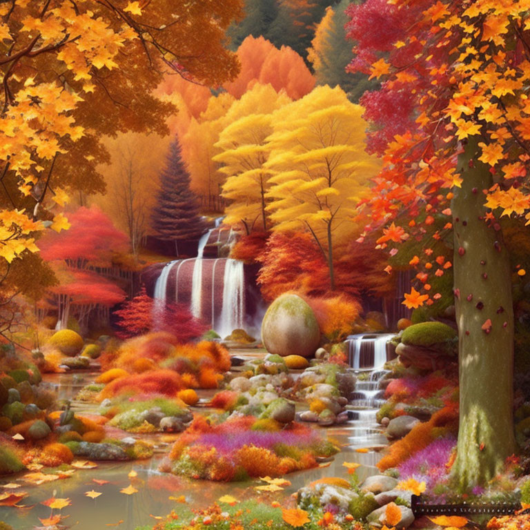 Colorful Autumn Waterfall Scene with Mossy Rocks and Stream