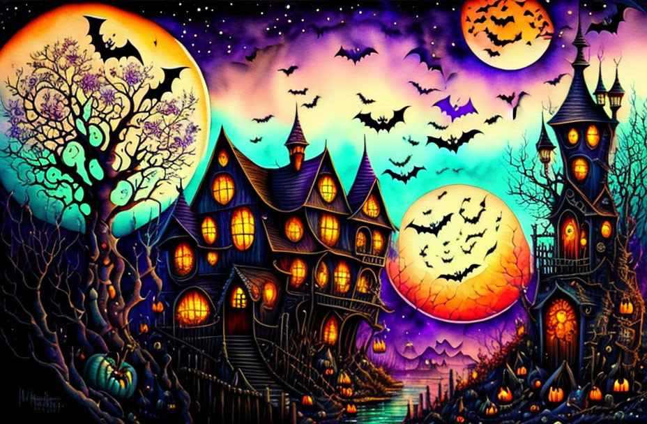 Vibrant haunted mansion art: bats, full moon, jack-o'-lanterns, spooky