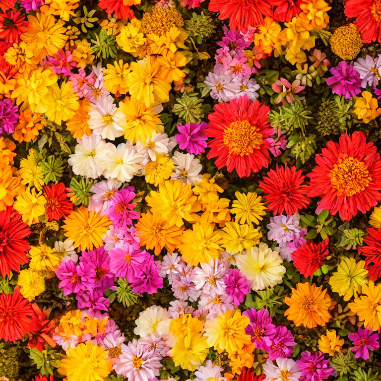 Colorful Array of Yellow, Orange, Pink, White, and Red Flowers in a Garden