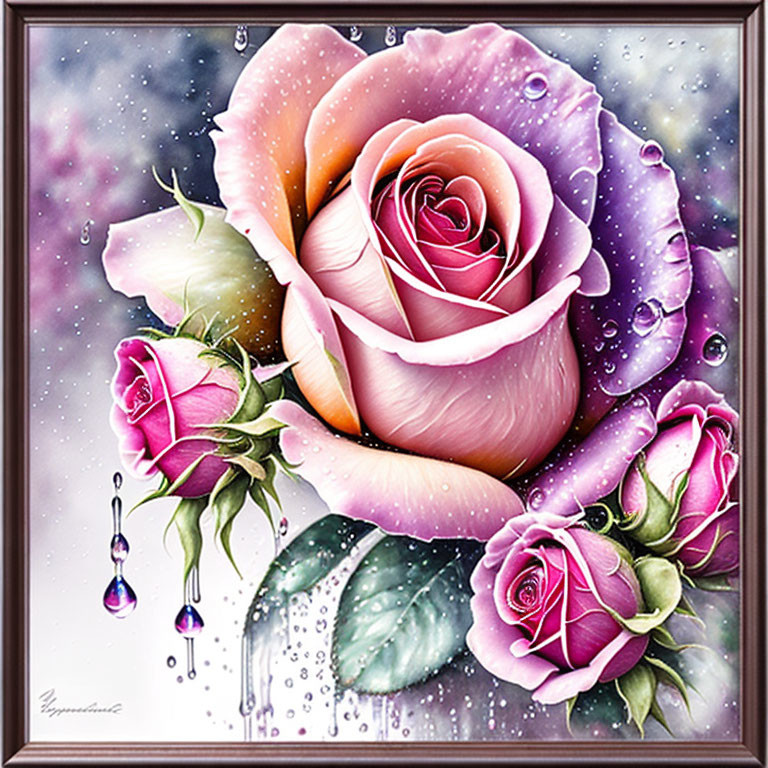 Vivid dew-kissed roses in pink and purple against starry bokeh background