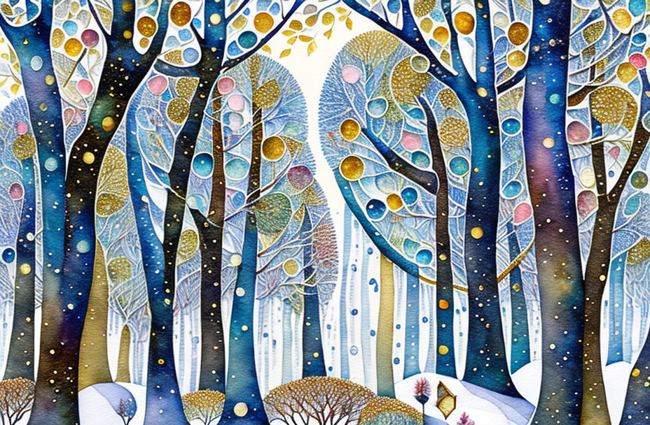 Whimsical forest illustration with stylized trees and colorful leaf circles