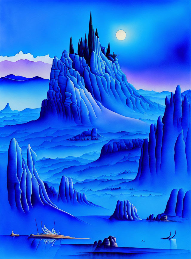 Serene landscape painting: blue tones, mountain, hills, water, boats, moonlit sky