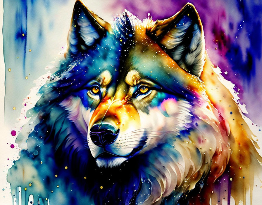 Colorful Watercolor Wolf Illustration with Blues, Purples, and Yellows