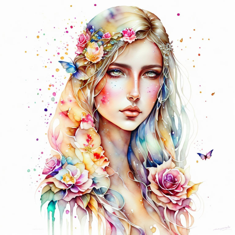 Vibrant woman illustration with blond hair and flowers.