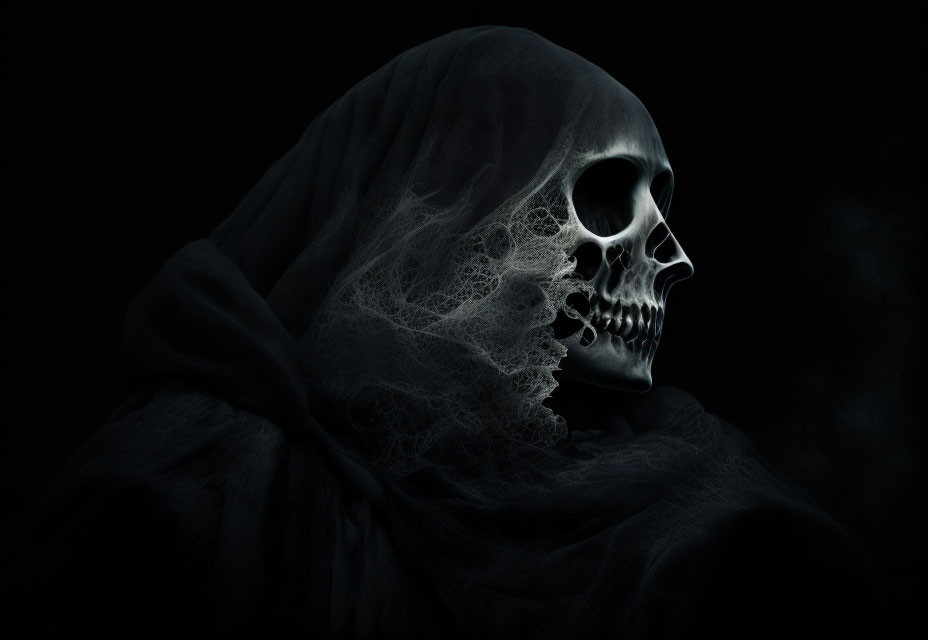 Human skull draped in translucent fabric on dark background