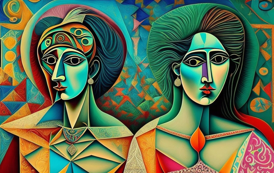 Vibrant Cubist-style painting of two female figures with geometric patterns