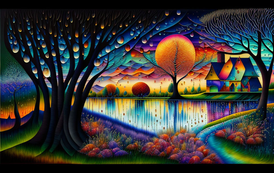 Colorful Trees, Glowing Orbs, Houses, and Reflective Lake in Twilight Landscape