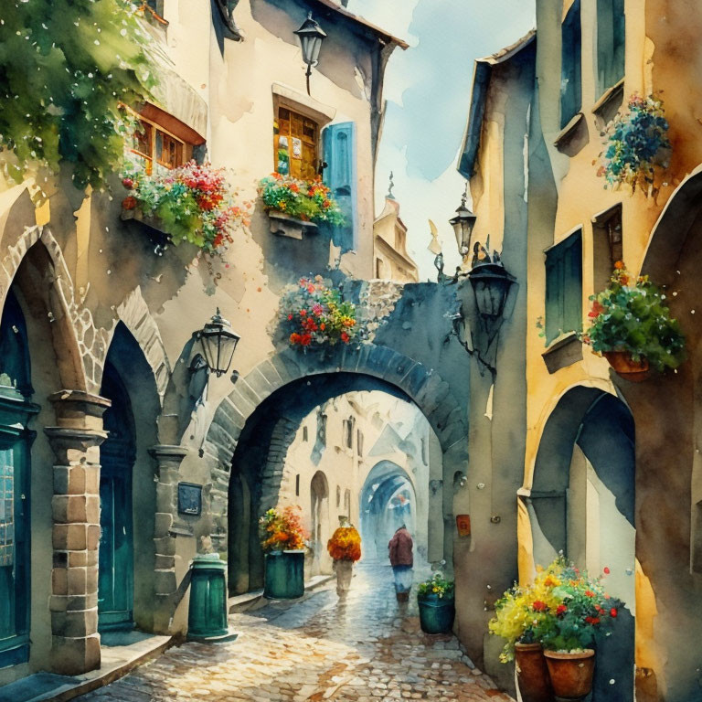 European alley watercolor painting: archways, cobblestones, flowers, lone figure