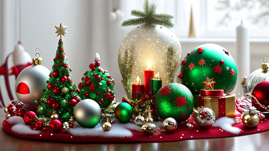 Traditional Christmas Window Display with Ornaments, Candles, Tree, and Presents