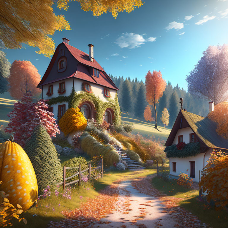 Cozy cottage in autumnal setting with pumpkins and lush foliage