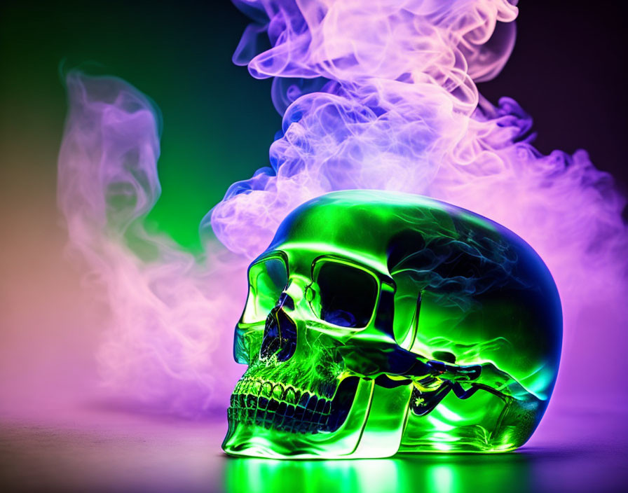 Translucent neon-lit skull with swirling smoke on gradient backdrop