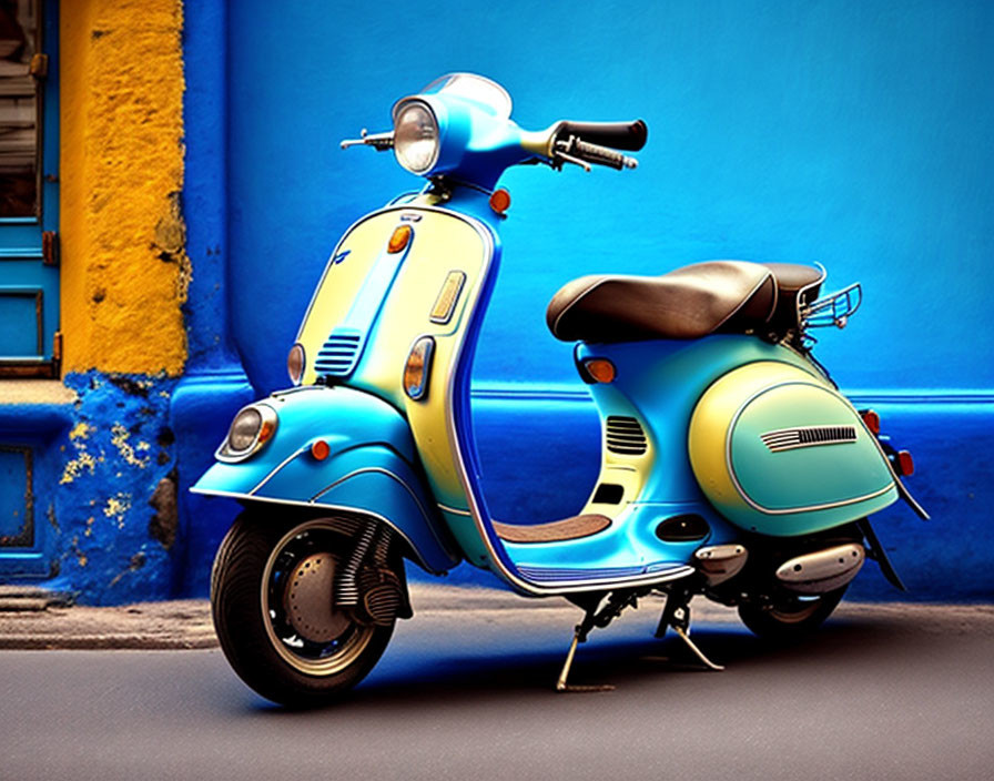 Vintage Blue Scooter Against Yellow Wall: Classic Design with Glossy Finish