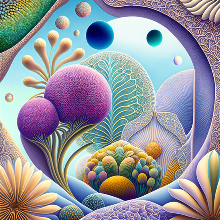 Colorful fantasy landscape with floral and coral structures and floating orbs