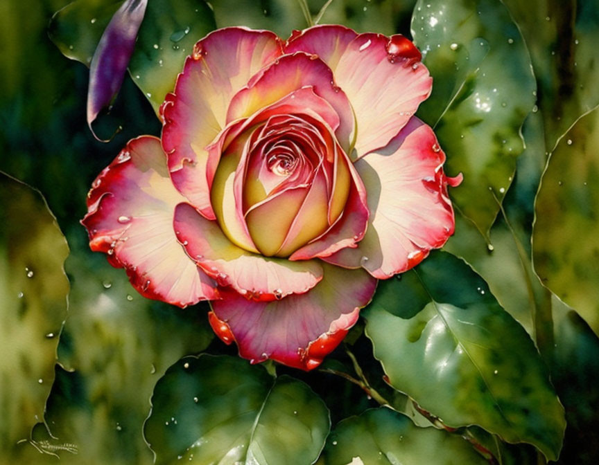 Vibrant watercolor painting: Red-tipped rose with dew drops on green background