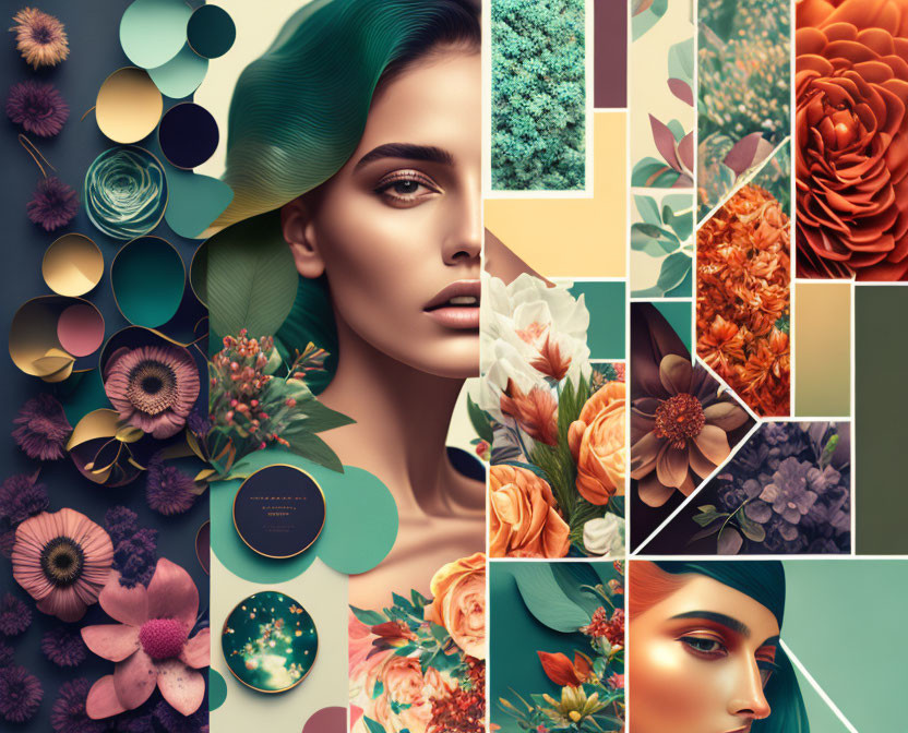 Collage of woman's face with floral elements and color swatches