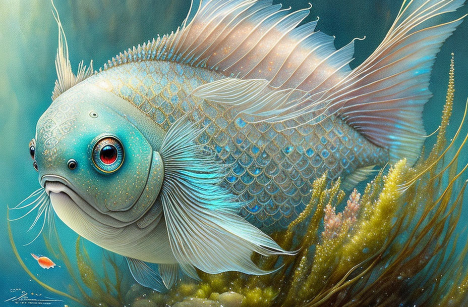 Detailed blue fish illustration in aquatic setting