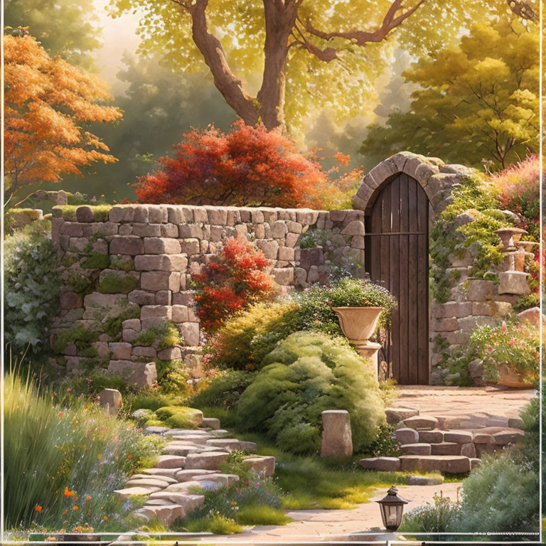 Stone wall with arched wooden gate in lush greenery