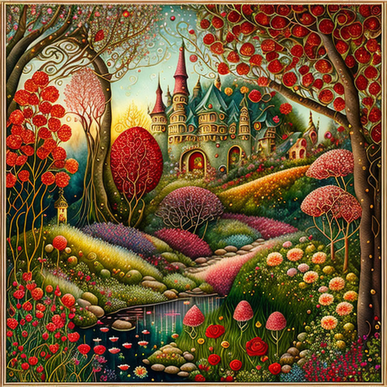 Fantasy landscape with vibrant floral trees, colorful path, castle, serene pond, starry sky.