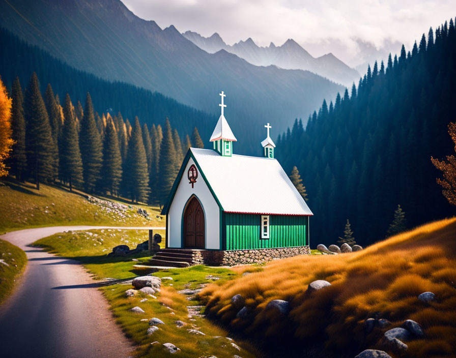 Green Church Surrounded by Autumn Foliage and Mountain Peaks