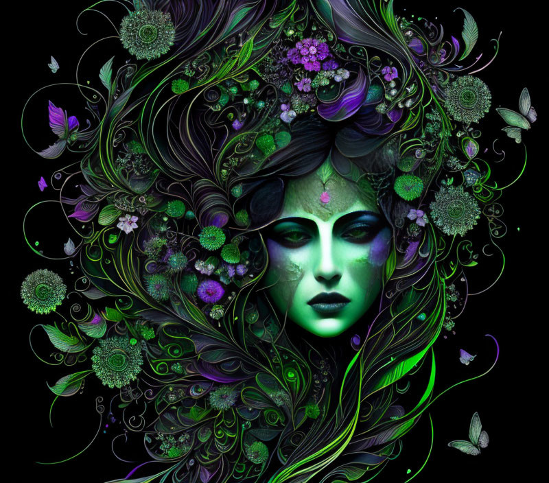 Intricate mystical woman's face with swirling nature patterns