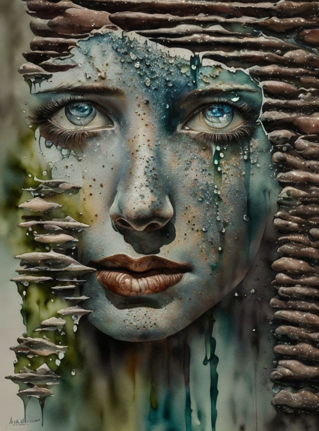 Surreal portrait of a woman with melting features merging with nature