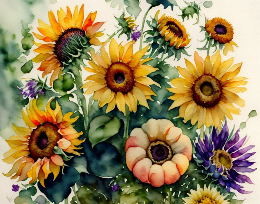 Vibrant Watercolor Painting of Sunflowers and Flowers in Yellow, Orange, and Purple Hues