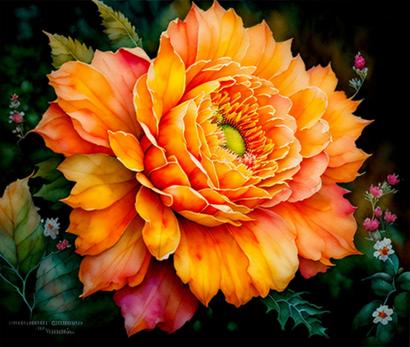 Detailed Orange-Yellow Peony Painting on Dark Foliage Background