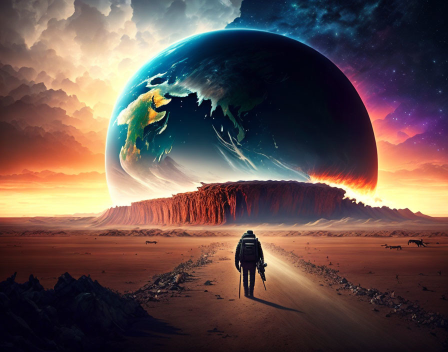 Person walking towards surreal oversized Earth in vivid sky with cliffs and desert landscape