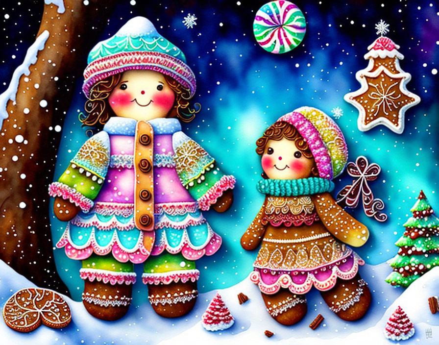 Colorful Winter Attire on Gingerbread People in Snowy Scene