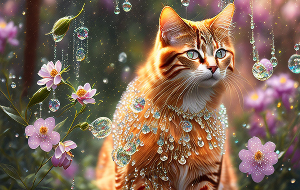 Ginger Cat with Blue Eyes in Magical Setting with Floating Flowers