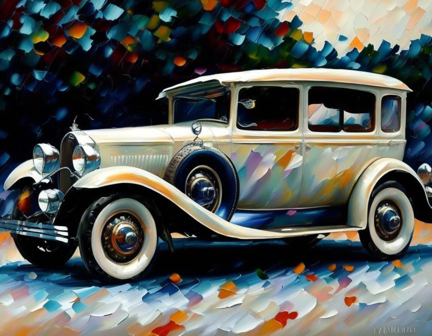 Vibrant vintage car painting with colorful mosaic backdrop