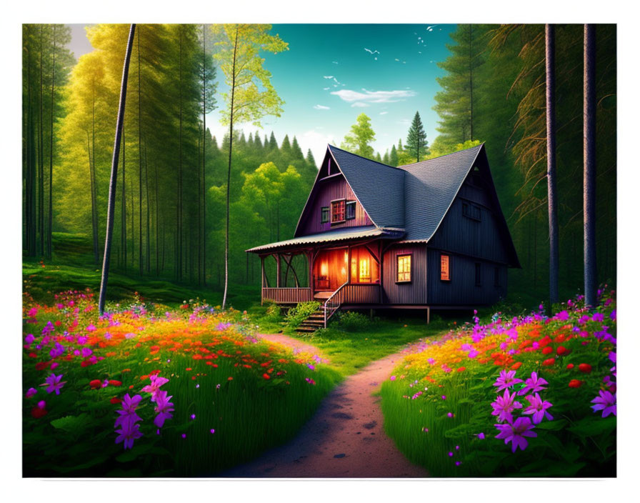 Wooden cottage in sunlit forest clearing with wildflowers and trees