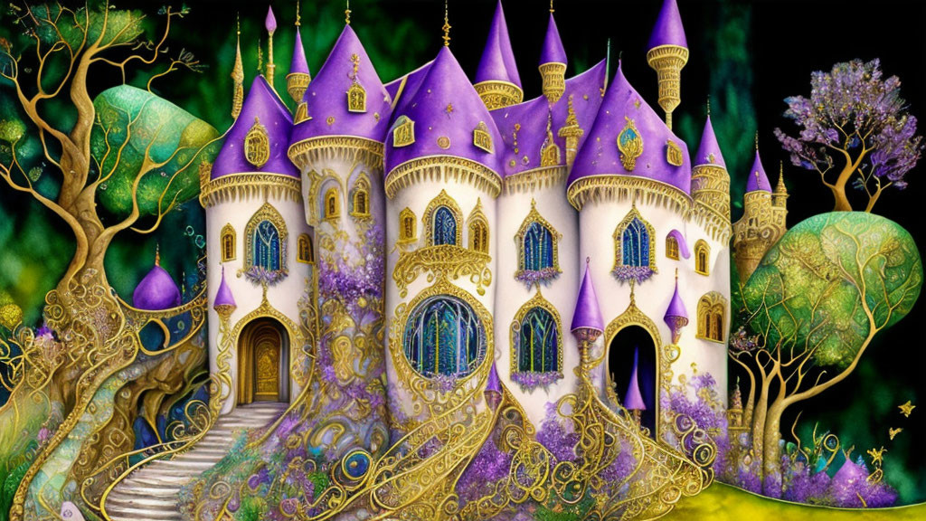 Fantasy Castle with Purple Roofs in Colorful Forest