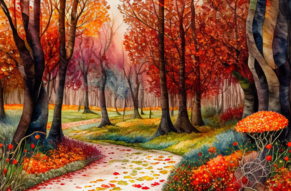 Colorful autumn forest watercolor painting with path and mist