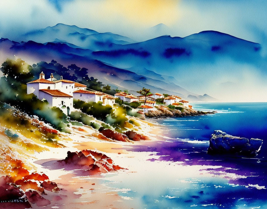 Serene Coastal Village Watercolor Painting