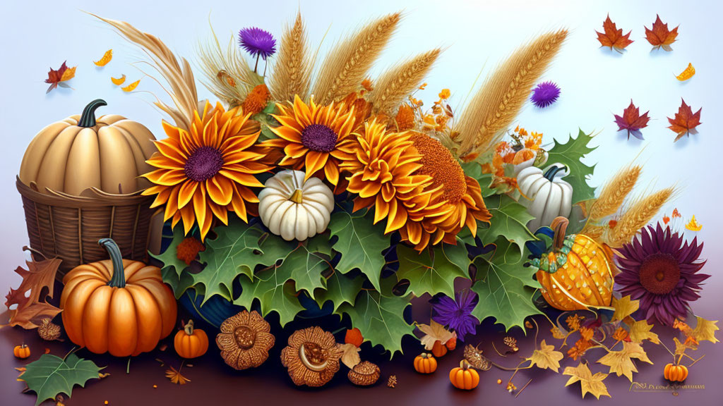 Colorful Autumn Still Life with Sunflowers, Gourds, Pumpkins, Wheat Sheaves,