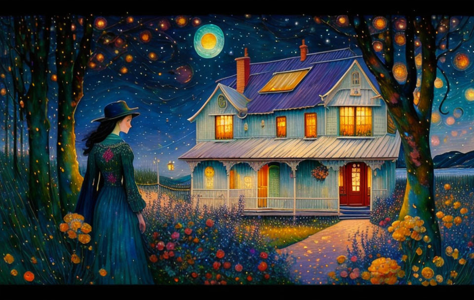 Woman in hat gazes at cozy house amid vibrant nature under moonlit sky